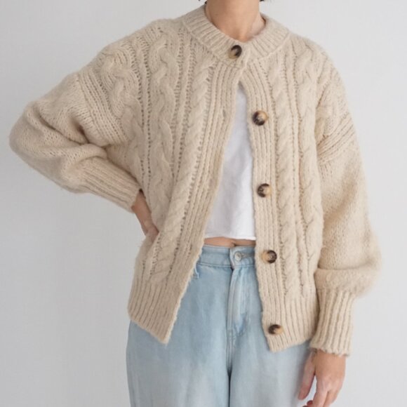 Sweaters - Charli Cream Cable Knit Button Front Cardigan Chunky Textured Grandpa One Size